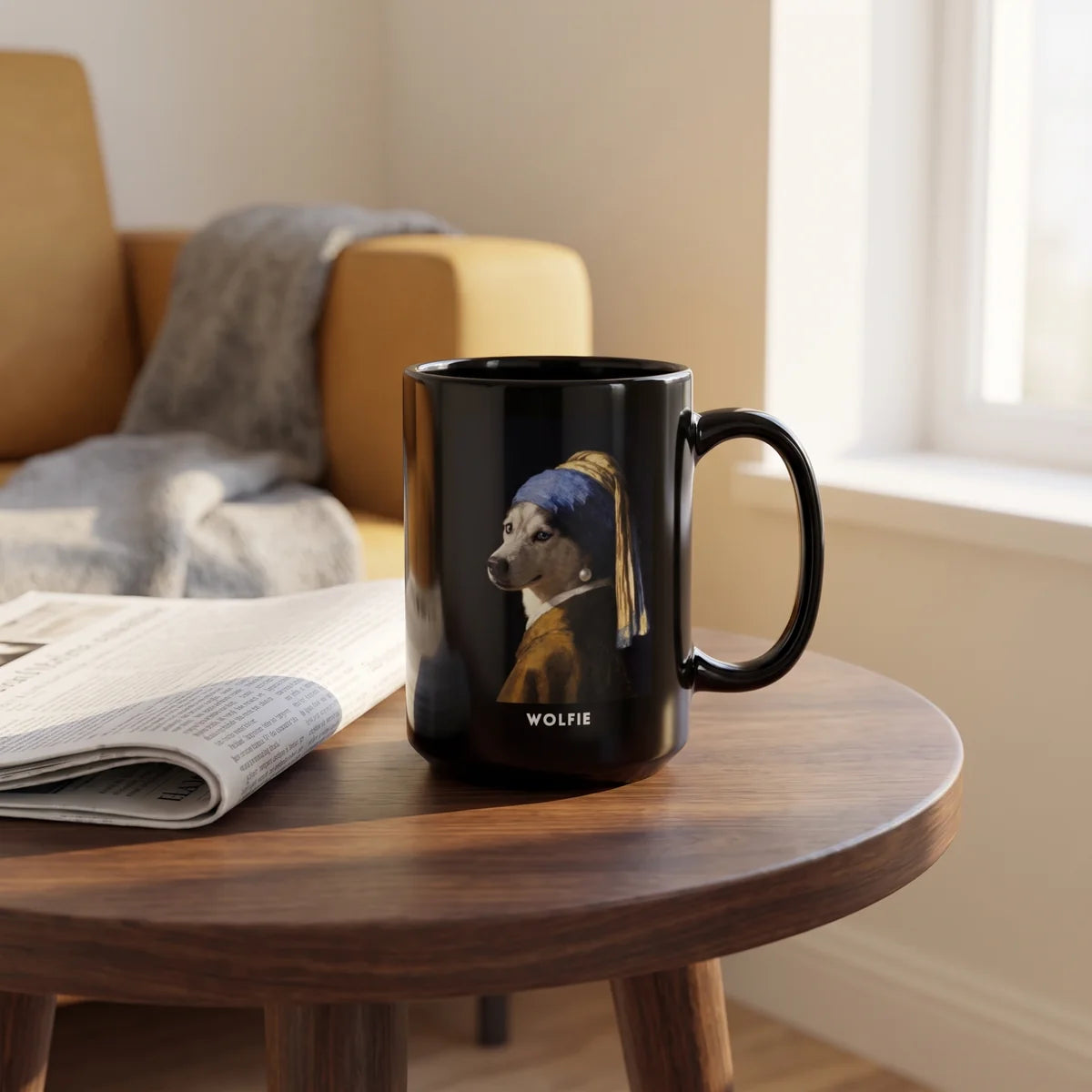Custom Pearl Earring Pet Mug on a cafe table