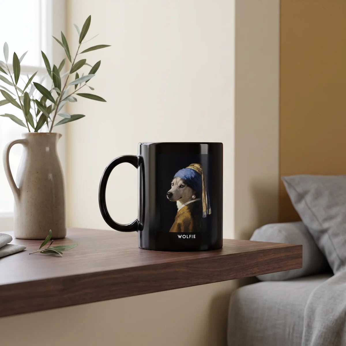 Custom Pearl Earring Pet Mug on a shelf beside a plant