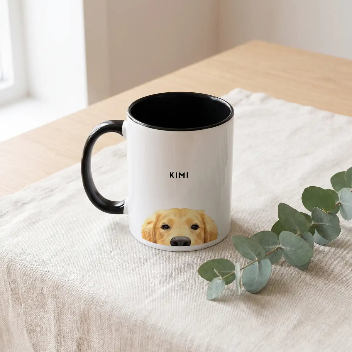 Custom Peeking Pet Colorful Mug photographed flat from above on linen