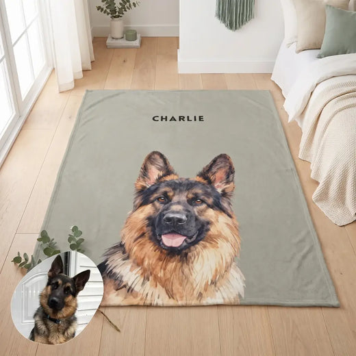 Custom Pet Blanket photographed flat from above on linen