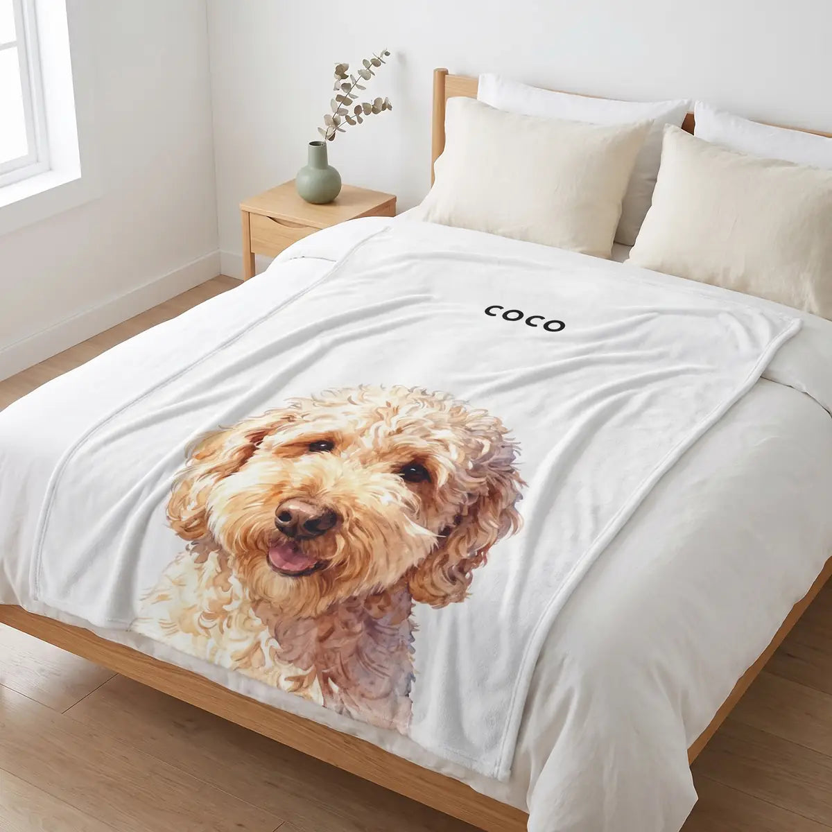 Custom Pet Blanket spread across the foot of a bed