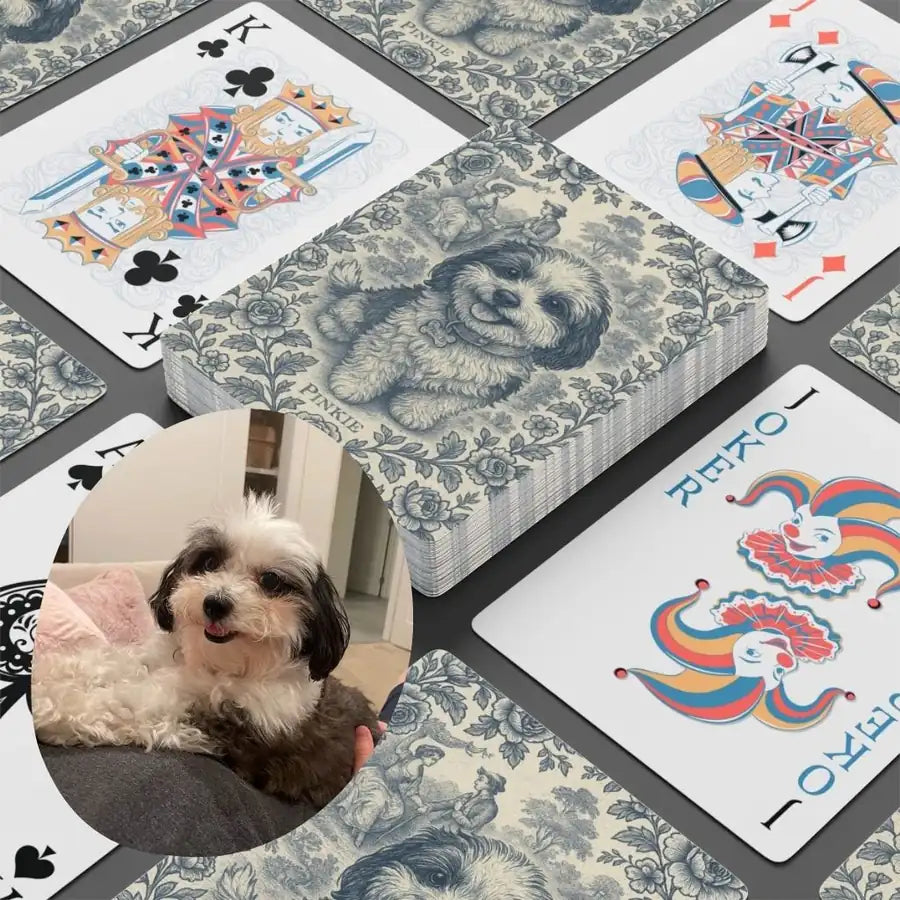 Custom Poker Playing Cards photographed flat from above on linen