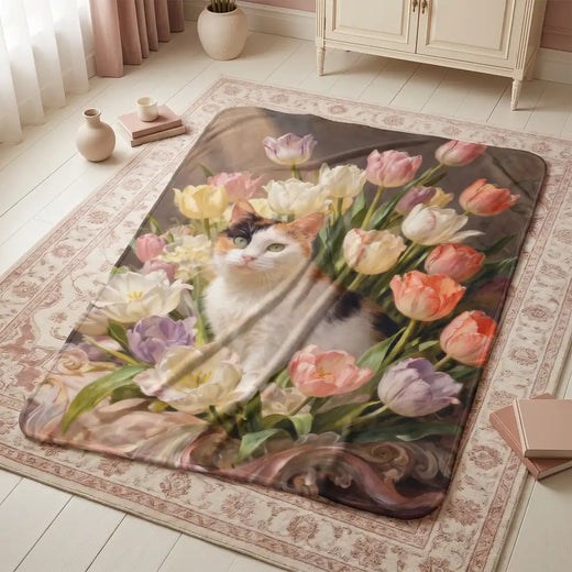 Custom Rococo Tulip Bouquet Blanket spread out on the floor