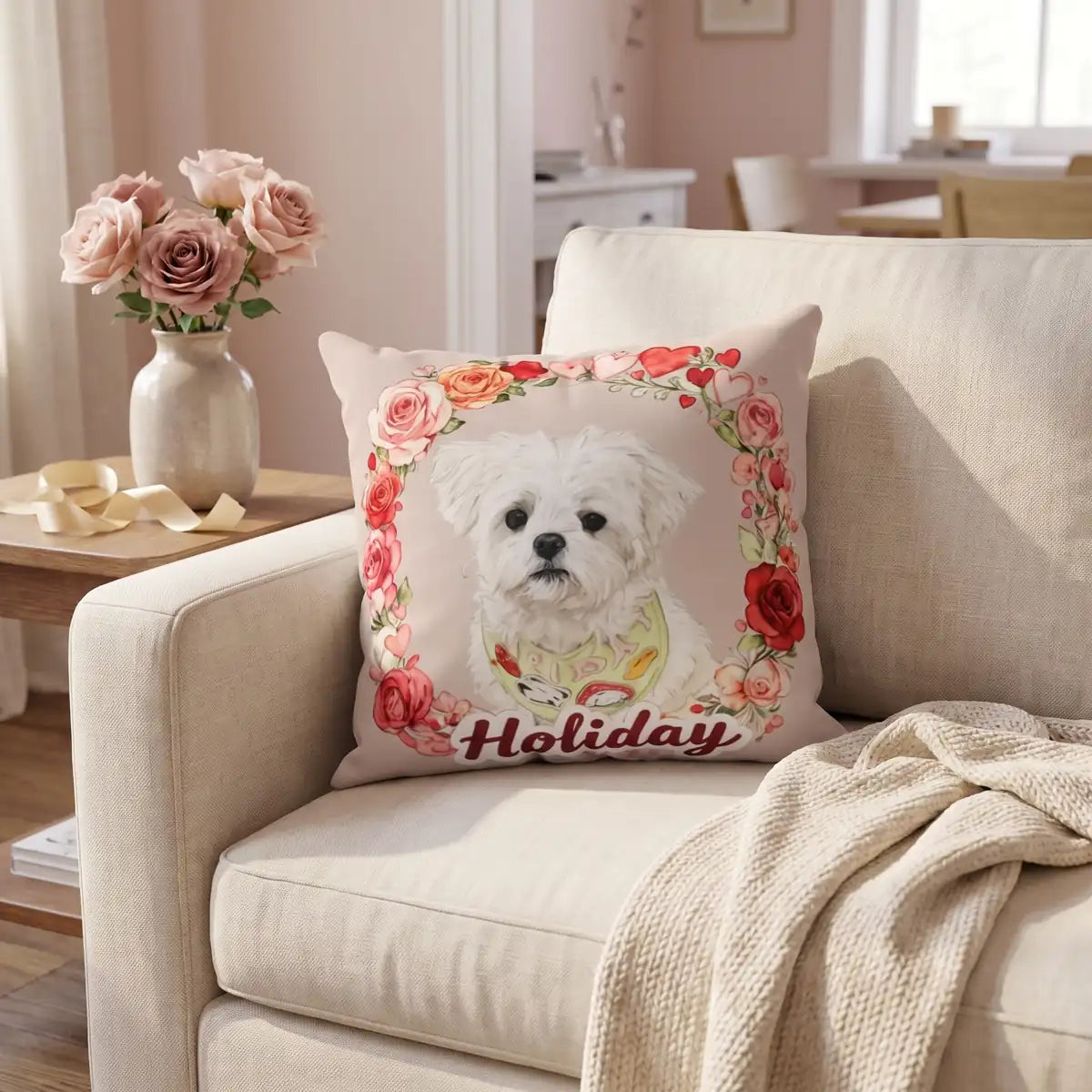 Custom Rose Wreath Throw Pillow 18"X18" propped in the corner of a sofa