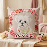 Custom Rose Wreath Throw Pillow 18"X18" photographed on a soft cloth surface