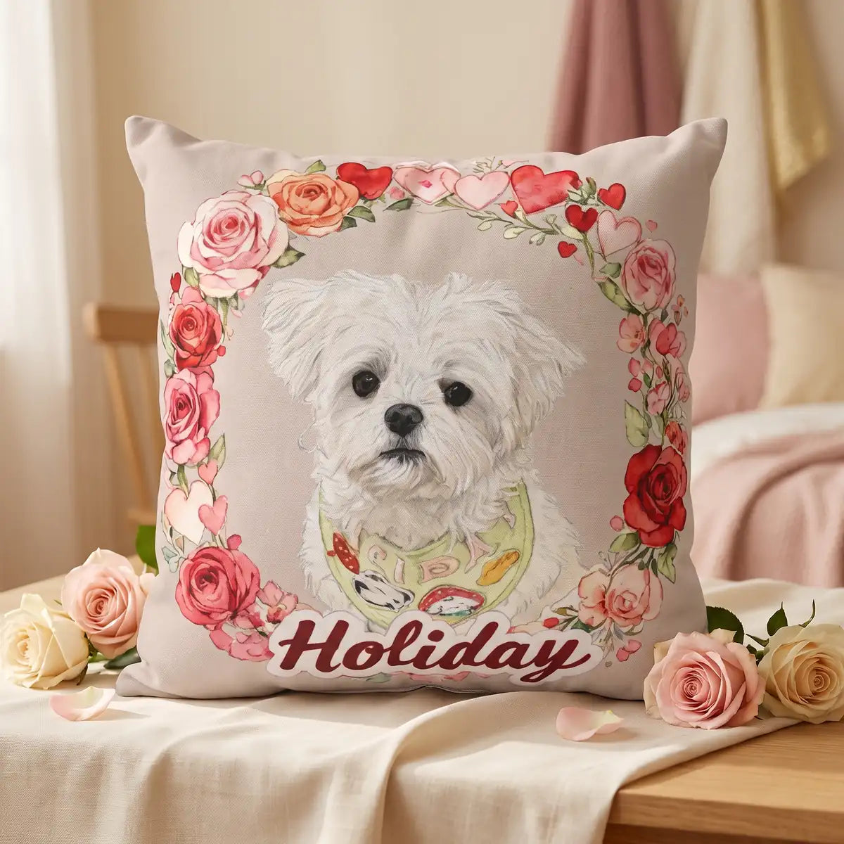 Custom Rose Wreath Throw Pillow 18"X18" photographed on a soft cloth surface