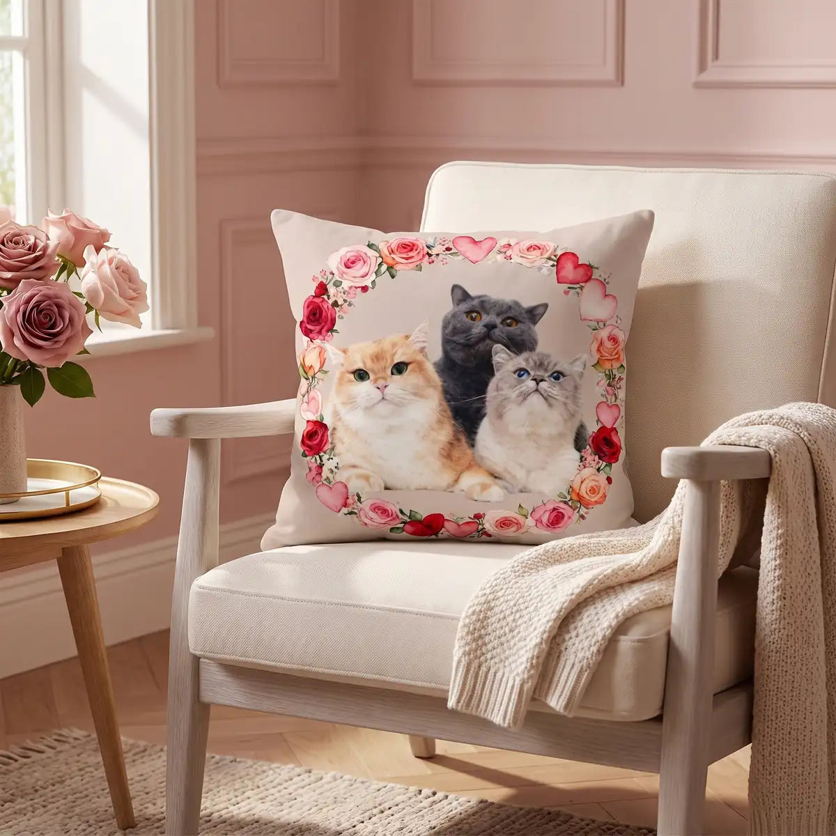 Custom Rose Wreath Throw Pillow 18"X18" on the seat of a chair