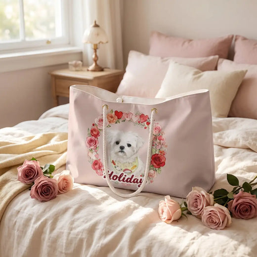 Custom Rose Wreath Weekender Bag on a bed in soft morning light