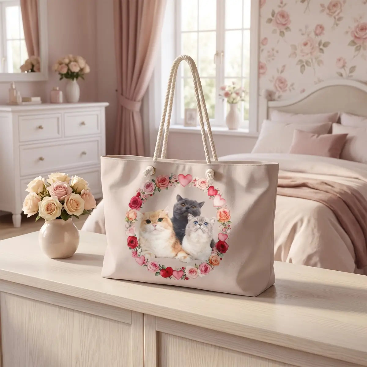 Custom Rose Wreath Weekender Bag standing on a kitchen counter