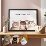 Custom Watercolor Three Pet Portrait in a styled home setting
