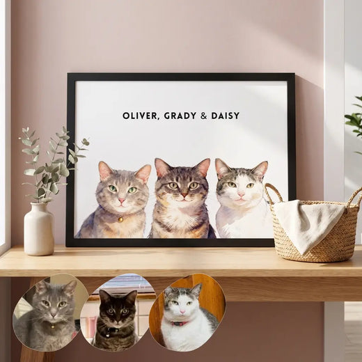 Custom Watercolor Three Pet Portrait in a styled home setting