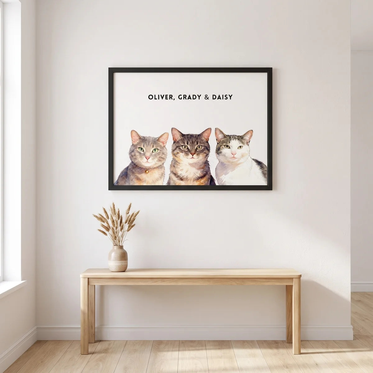 Custom Watercolor Three Pet Portrait hanging on the wall above a console table