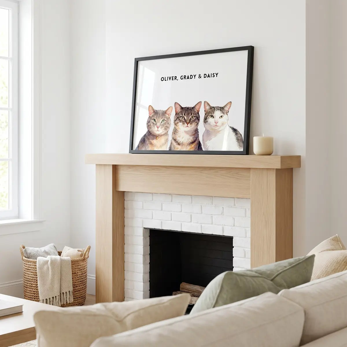 Custom Watercolor Three Pet Portrait resting on a mantelpiece