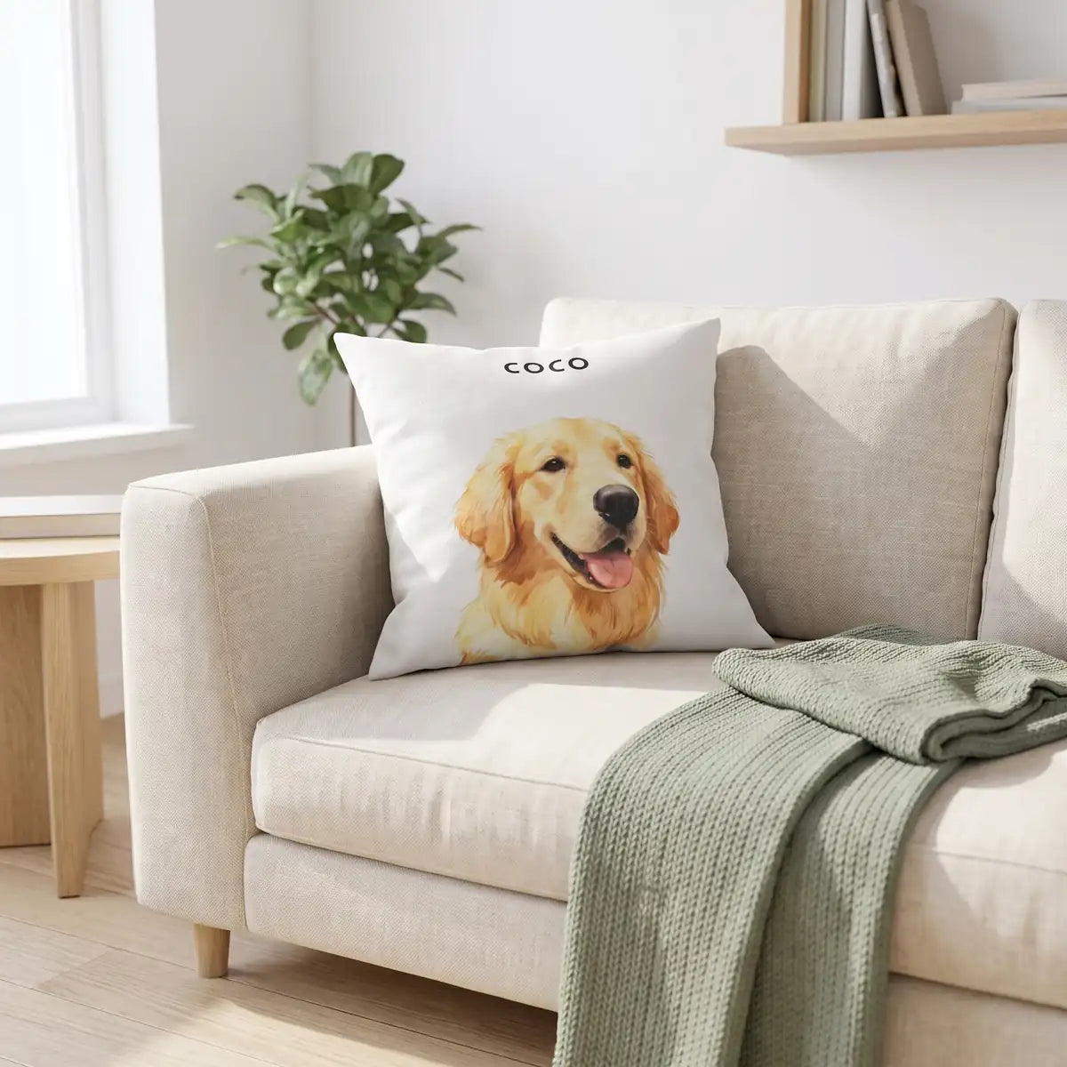 Custom Throw Pillow 18"X18" propped in the corner of a sofa