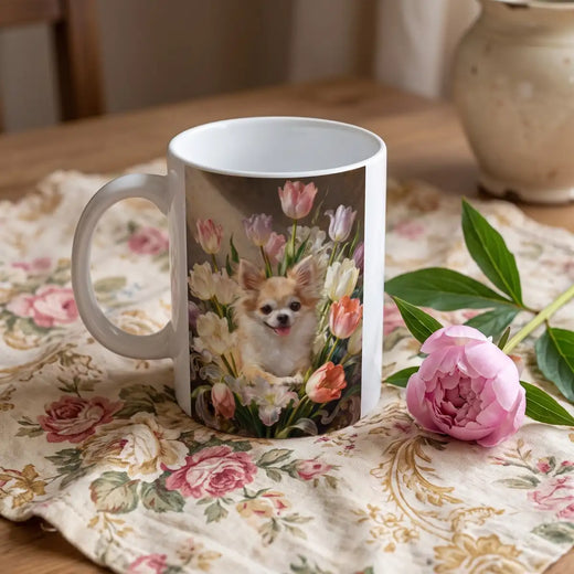 Custom Rococo Tulip Bouquet Mug photographed flat from above on linen