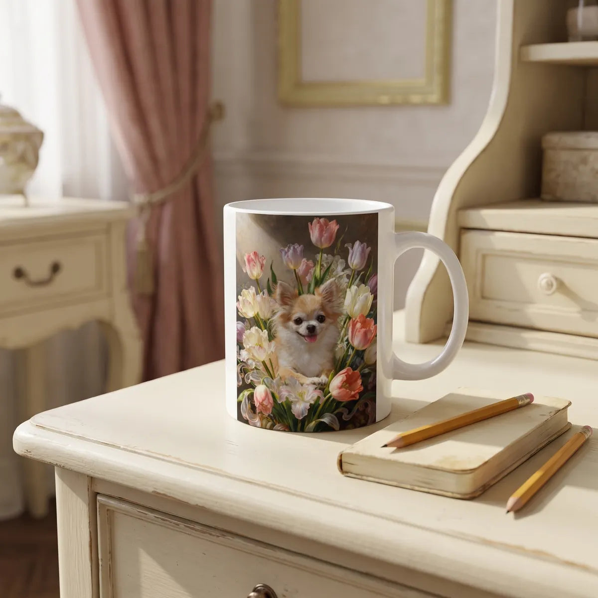Custom Rococo Tulip Bouquet Mug on a desk