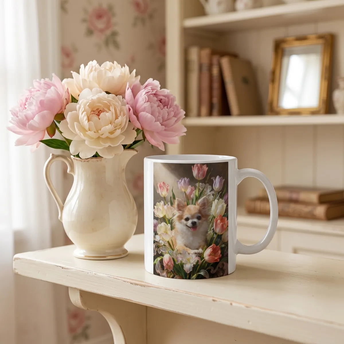 Custom Rococo Tulip Bouquet Mug on a shelf beside a plant