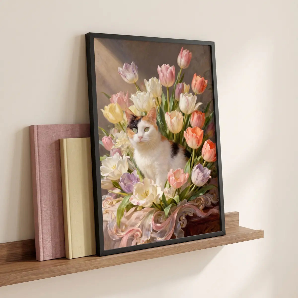 Custom Rococo Tulip Bouquet Portrait resting on a picture ledge