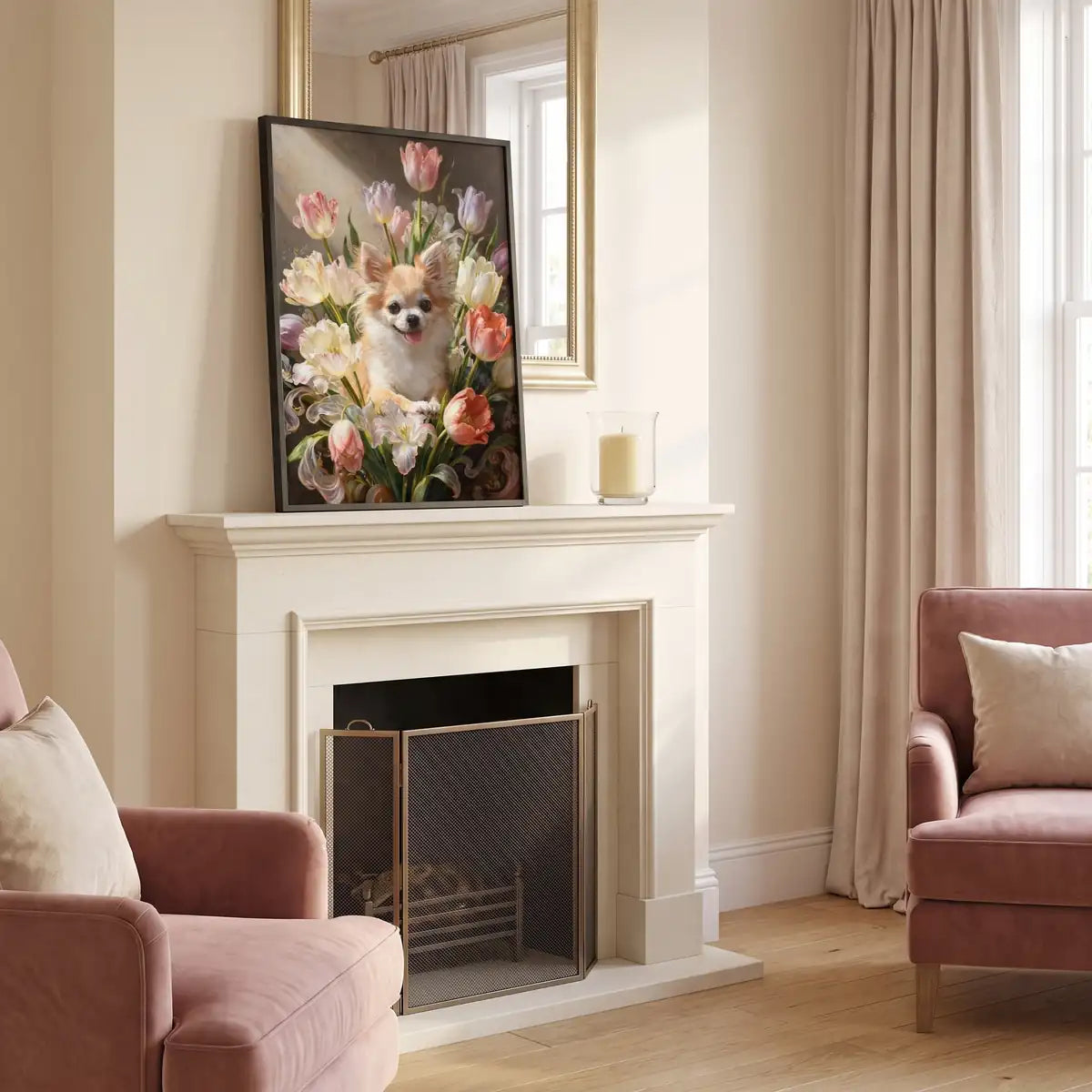 Custom Rococo Tulip Bouquet Portrait resting on a mantelpiece