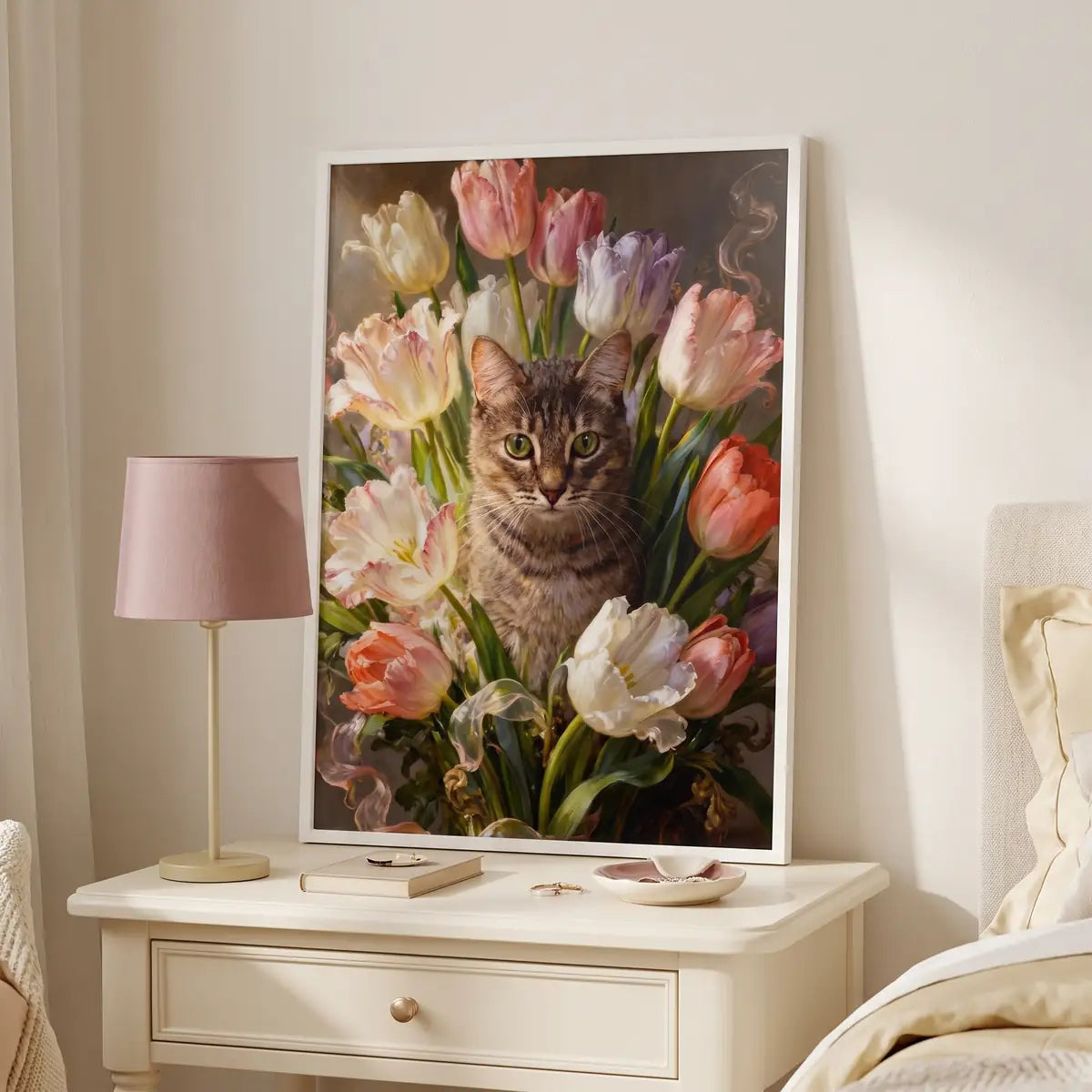 Custom Rococo Tulip Bouquet Portrait beside a bed on a bedside table