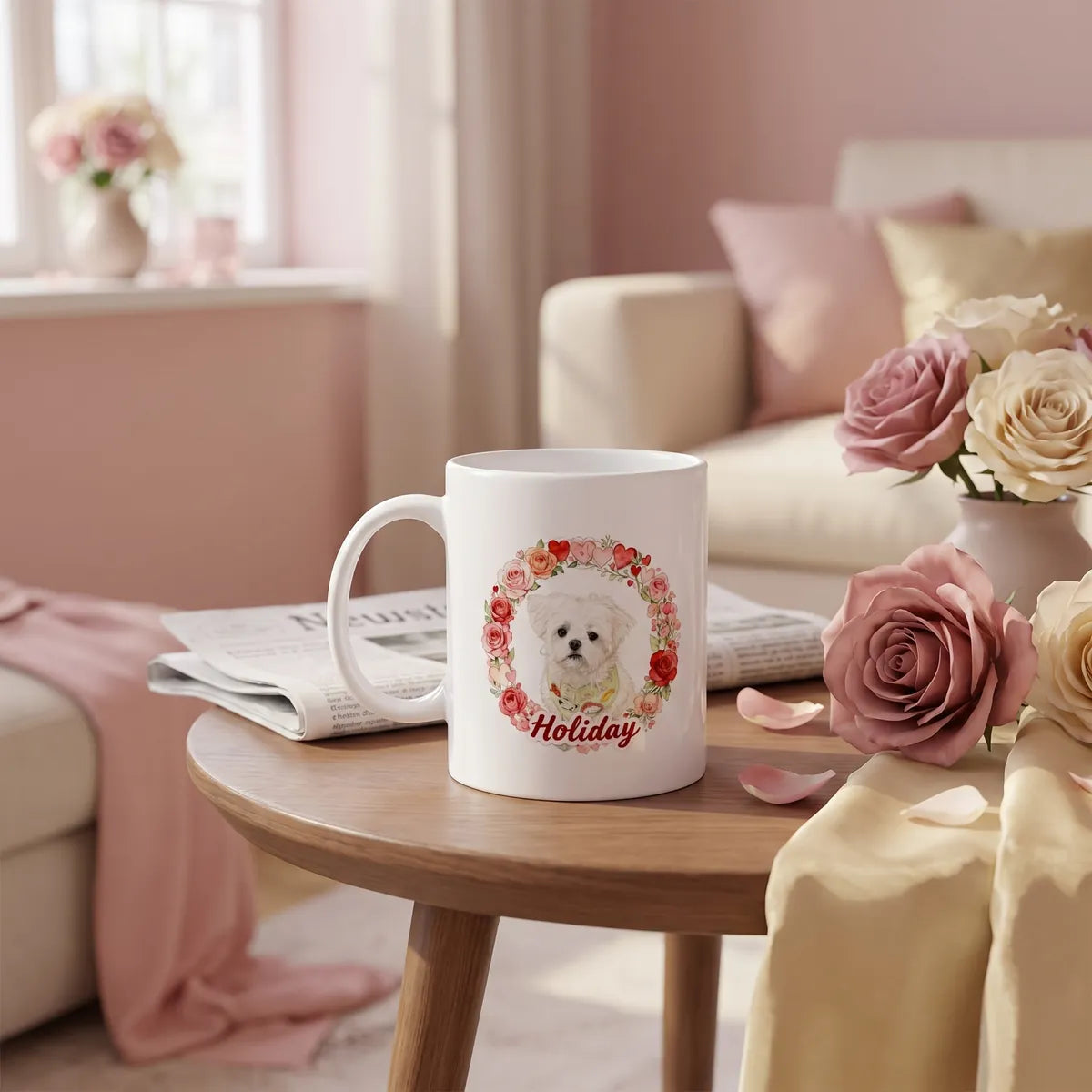 Custom Rose Wreath Mug on a cafe table