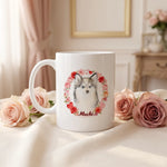Custom Rose Wreath Mug photographed on a soft cloth surface