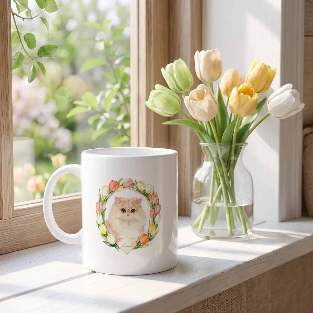 Custom Tulip Wreath Mug on a sunlit window sill