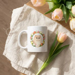 Custom Tulip Wreath Mug photographed flat from above on linen