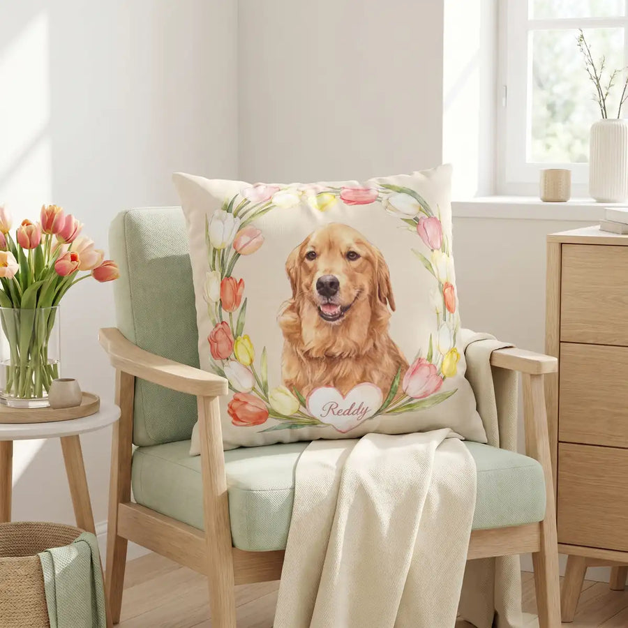 Custom Tulip Wreath Throw Pillow 18"X18" on the seat of a chair