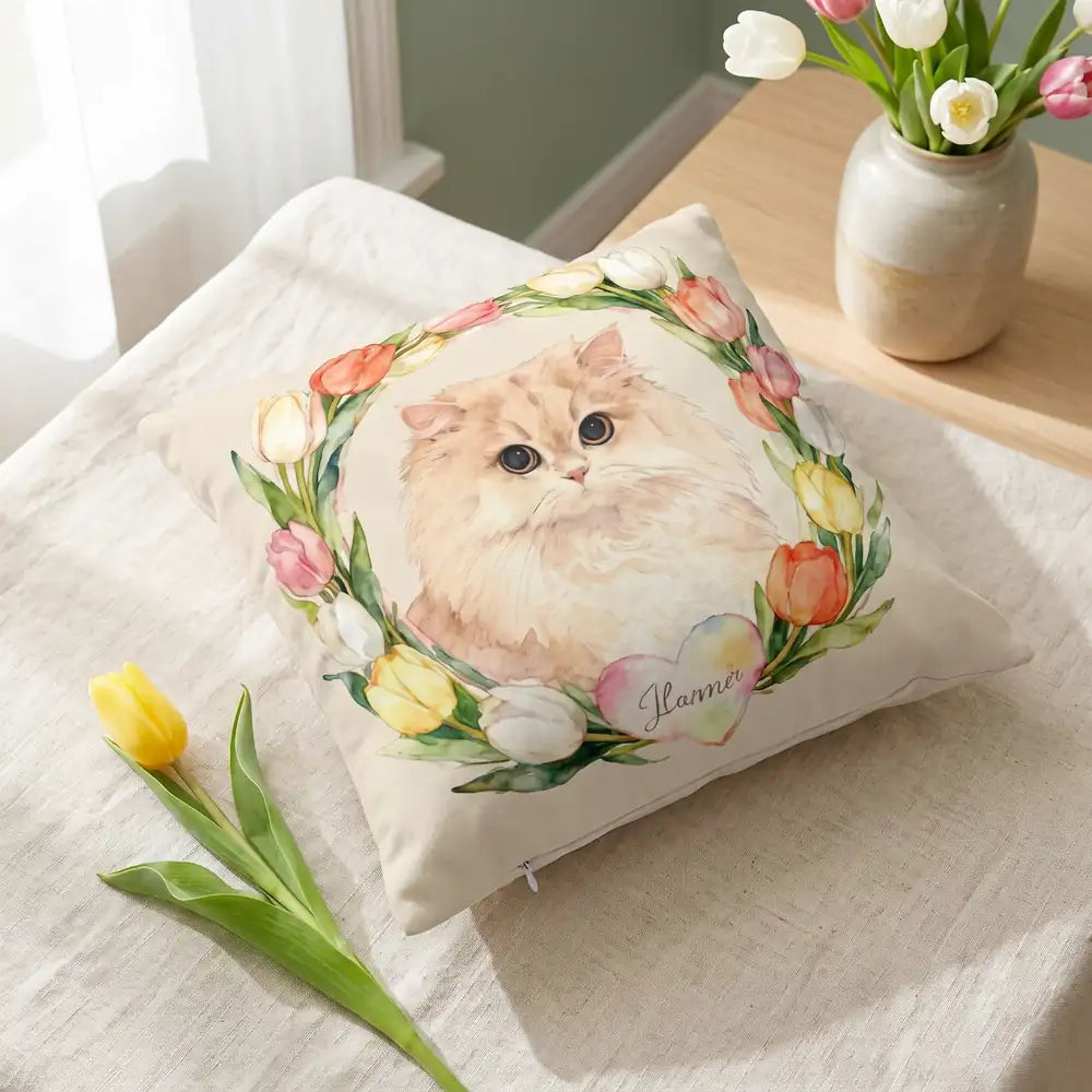 Custom Tulip Wreath Throw Pillow 18"X18" photographed flat from above on linen