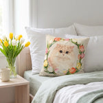 Custom Tulip Wreath Throw Pillow 18"X18" resting against the pillows on a bed