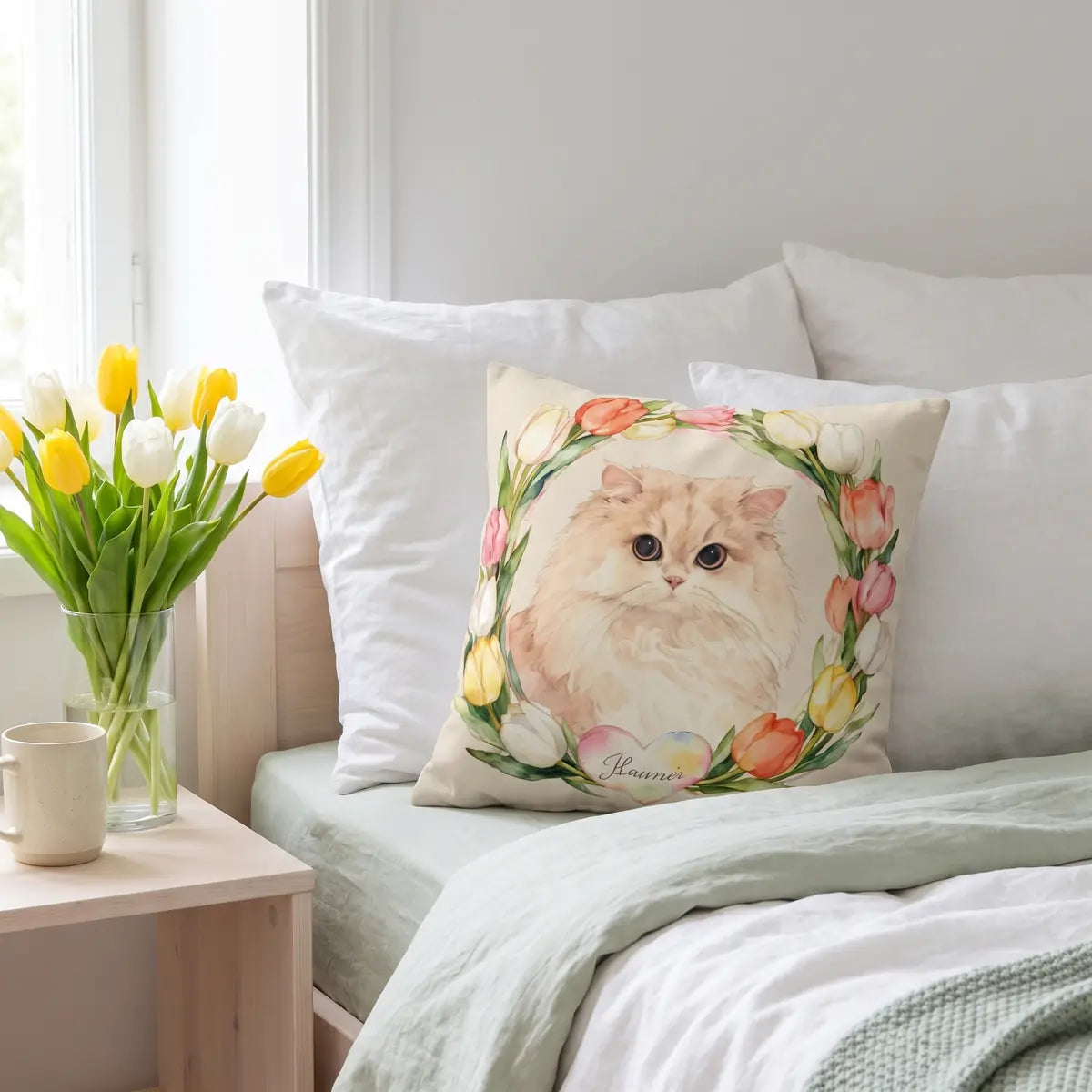 Custom Tulip Wreath Throw Pillow 18"X18" resting against the pillows on a bed