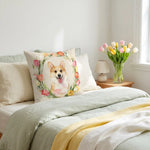 Custom Tulip Wreath Throw Pillow 18"X18" at the head of a made bed