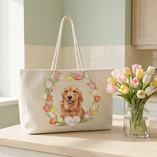 Custom Tulip Wreath Weekender Bag standing on a kitchen counter