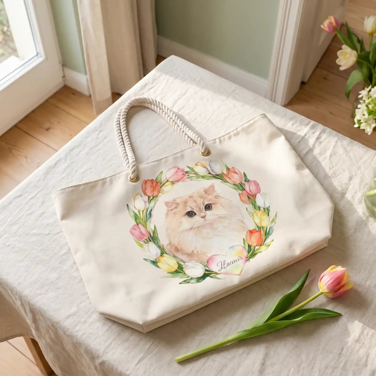 Custom Tulip Wreath Weekender Bag photographed flat from above on linen