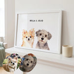 Custom Watercolor Two Pet Portrait resting on a mantelpiece