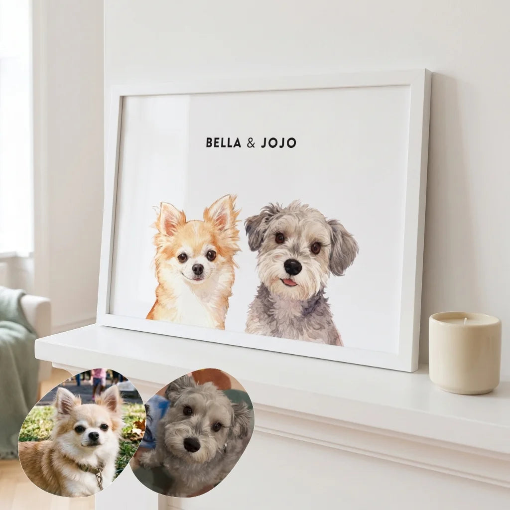 Custom Watercolor Two Pet Portrait resting on a mantelpiece