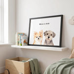 Custom Watercolor Two Pet Portrait on a shelf in a child's room