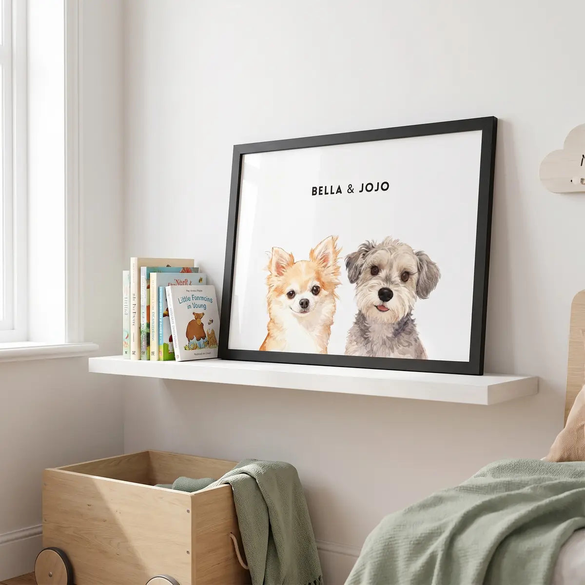 Custom Watercolor Two Pet Portrait on a shelf in a child's room