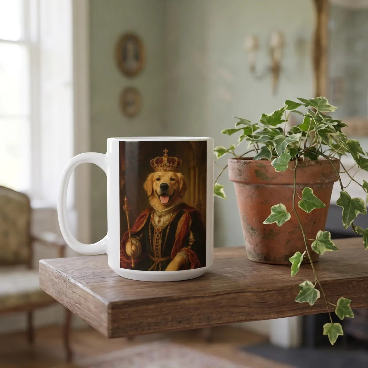 Custom Vintage Royal Pet Mug on a shelf beside a plant