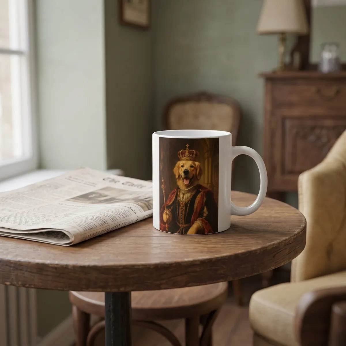 Custom Vintage Royal Pet Mug on a cafe table