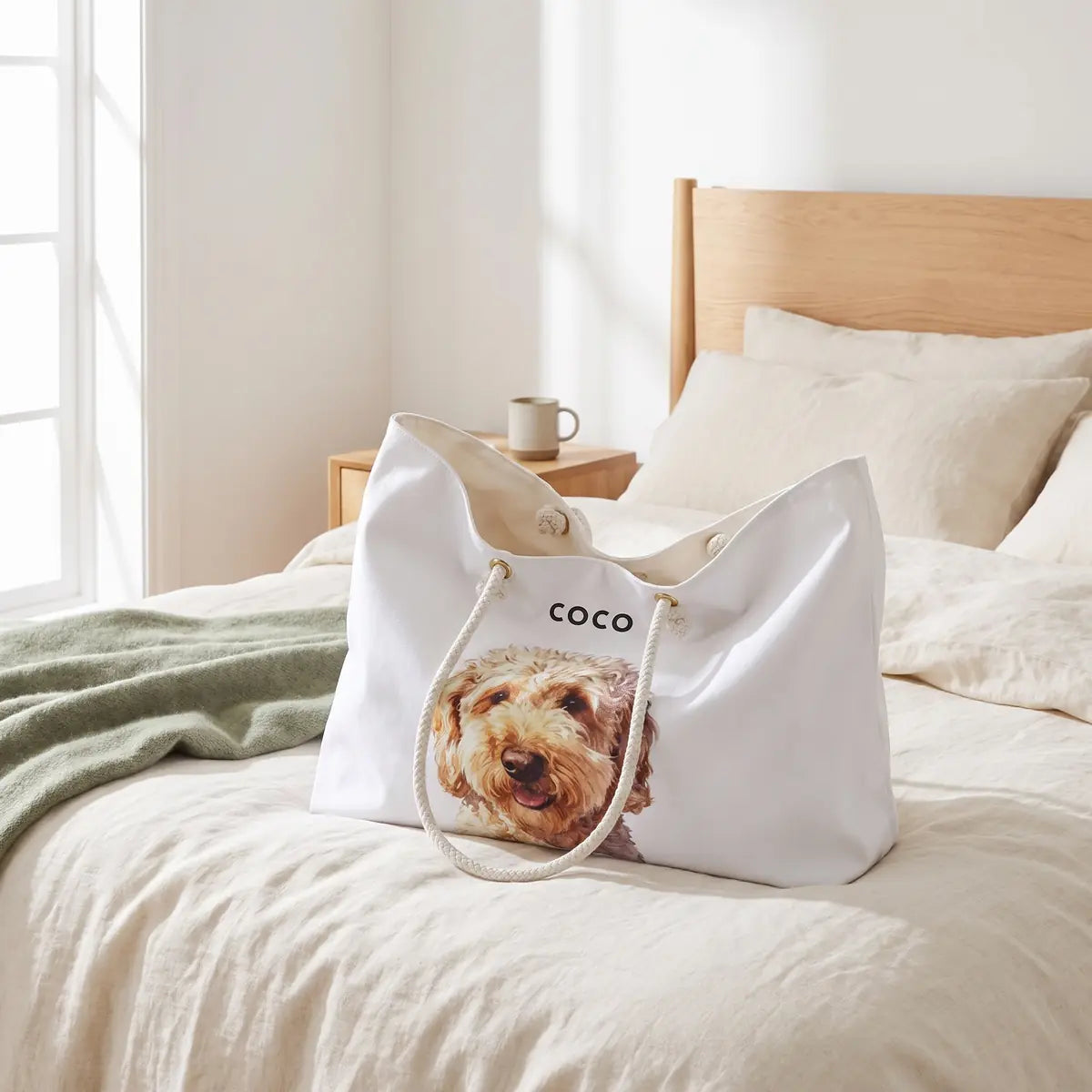 Custom Weekender Bag on a bed in soft morning light
