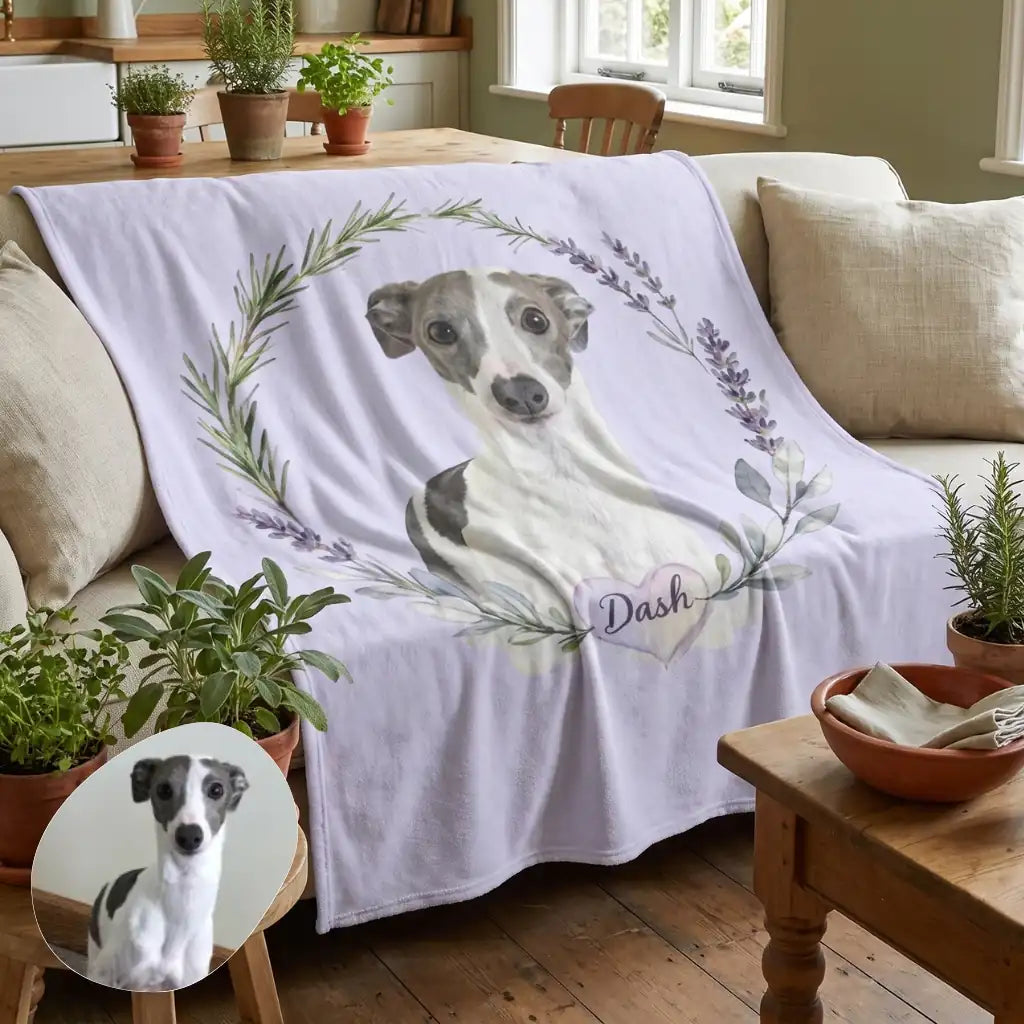Herb Wreath Custom Pet Blanket spread across a sofa seat