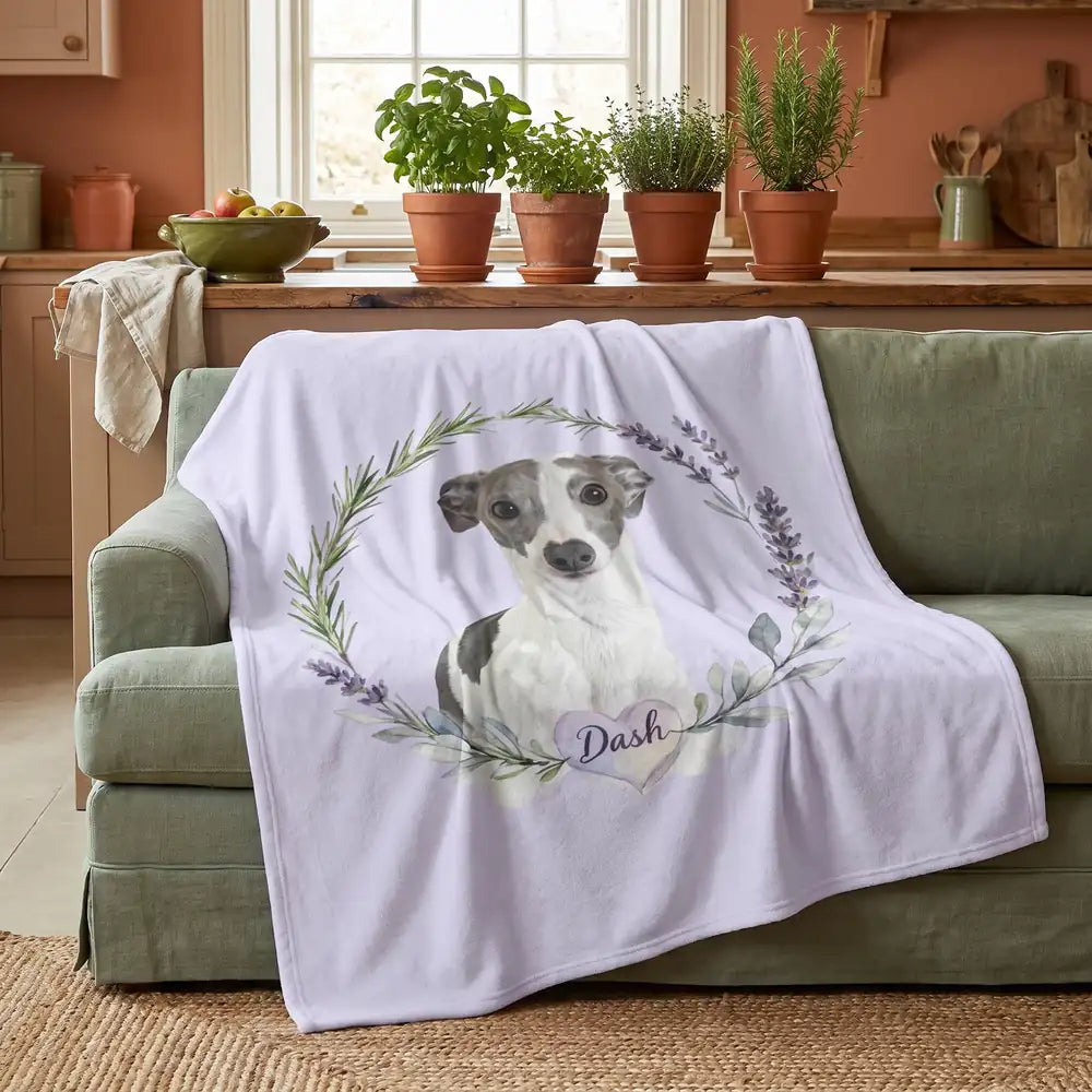 Herb Wreath Custom Pet Blanket draped over a sofa