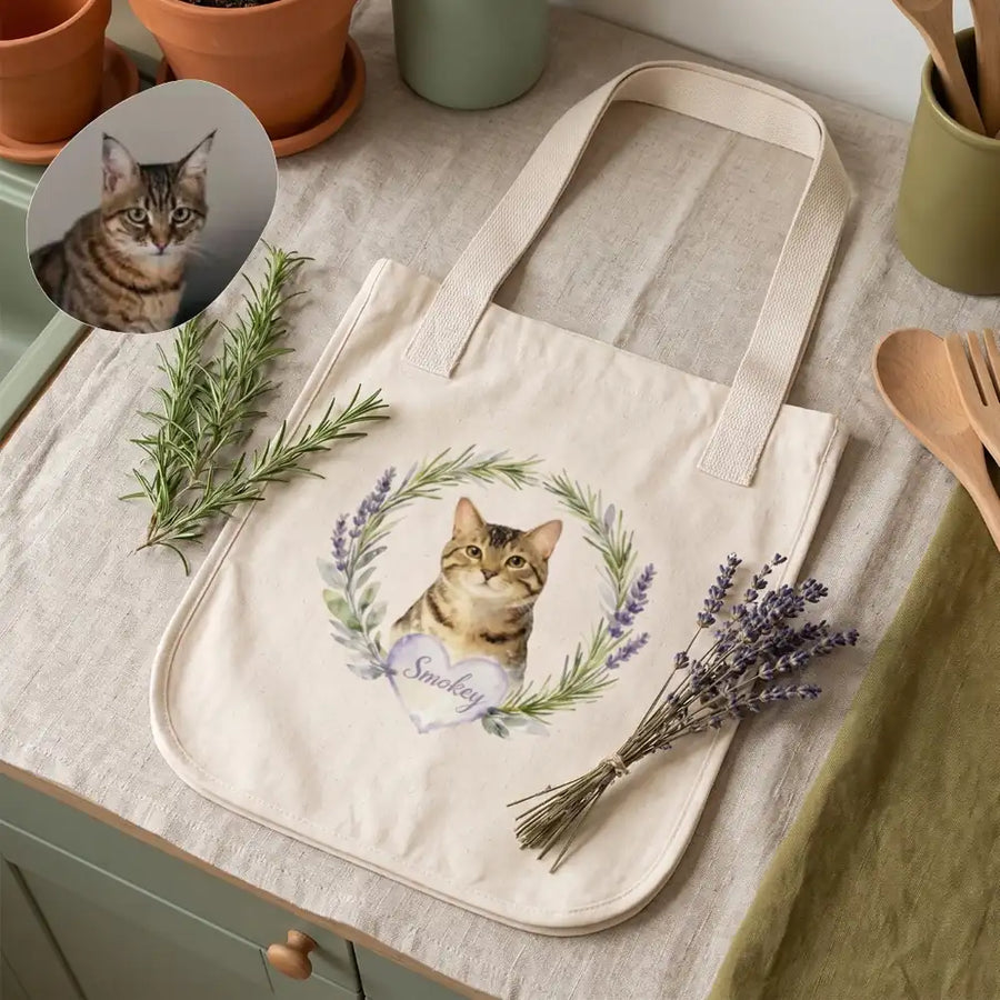 Herb Wreath Tote Bag photographed flat from above on linen