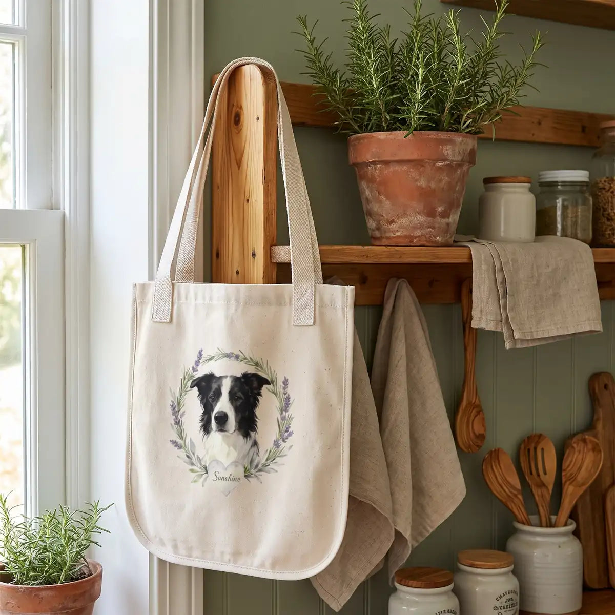Herb Wreath Tote Bag on a shelf beside a plant
