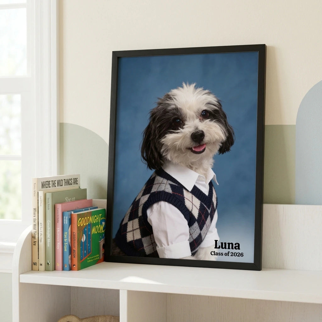 High School Photo Pet Portrait. The framed pet portrait on a white shelf in a bright child's room beside a small stack of picture books.