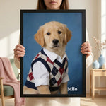 High School Photo Pet Portrait. A person holding the framed pet portrait with both hands, cropped at the chin, standing in a sunlit cream room.