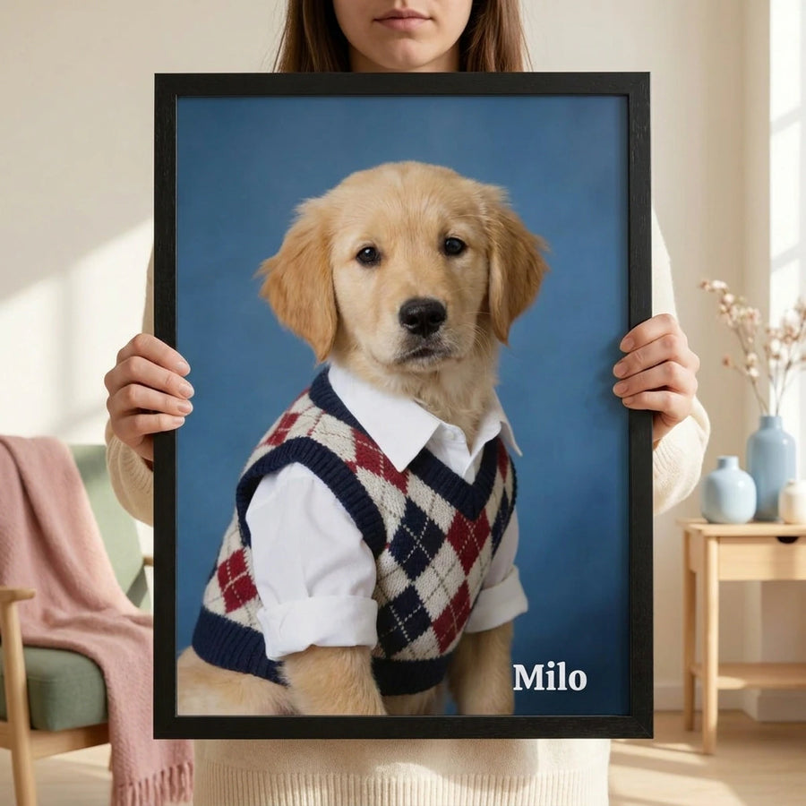 High School Photo Pet Portrait. A person holding the framed pet portrait with both hands, cropped at the chin, standing in a sunlit cream room.