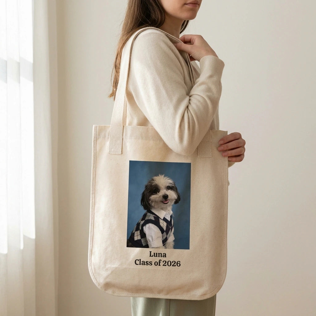 High School Photo Pet Tote Bag. A person holding the natural canvas tote bag in front of them with both hands, cropped from the chin down, cream wall behind.